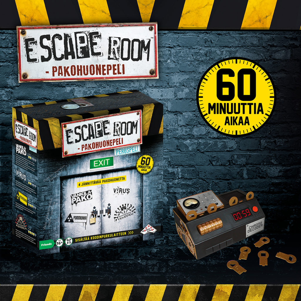 Kuva Escape Room -pelipakkauksesta ja dekooderista.